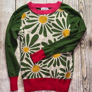 Oxknit Green and Red Floral Crew Neck Sweater